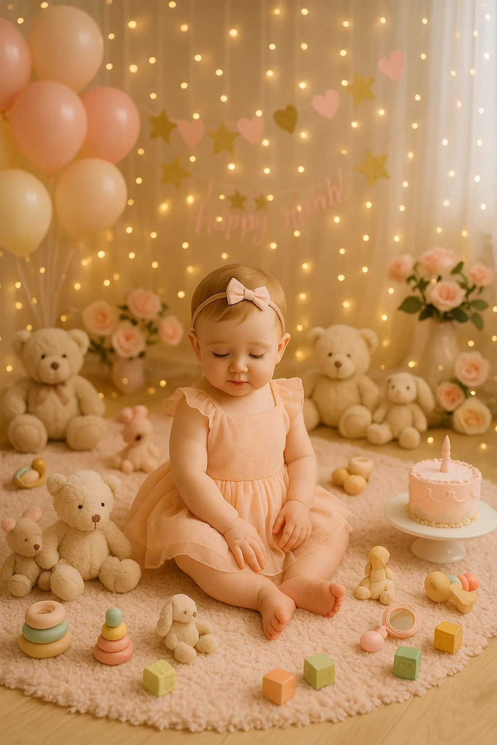 Six-month-old baby girl in pink dress surrounded by toys and pastel decorations