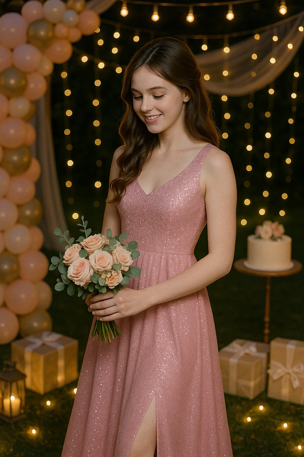 teenage girl birthday celebration in pink dress
