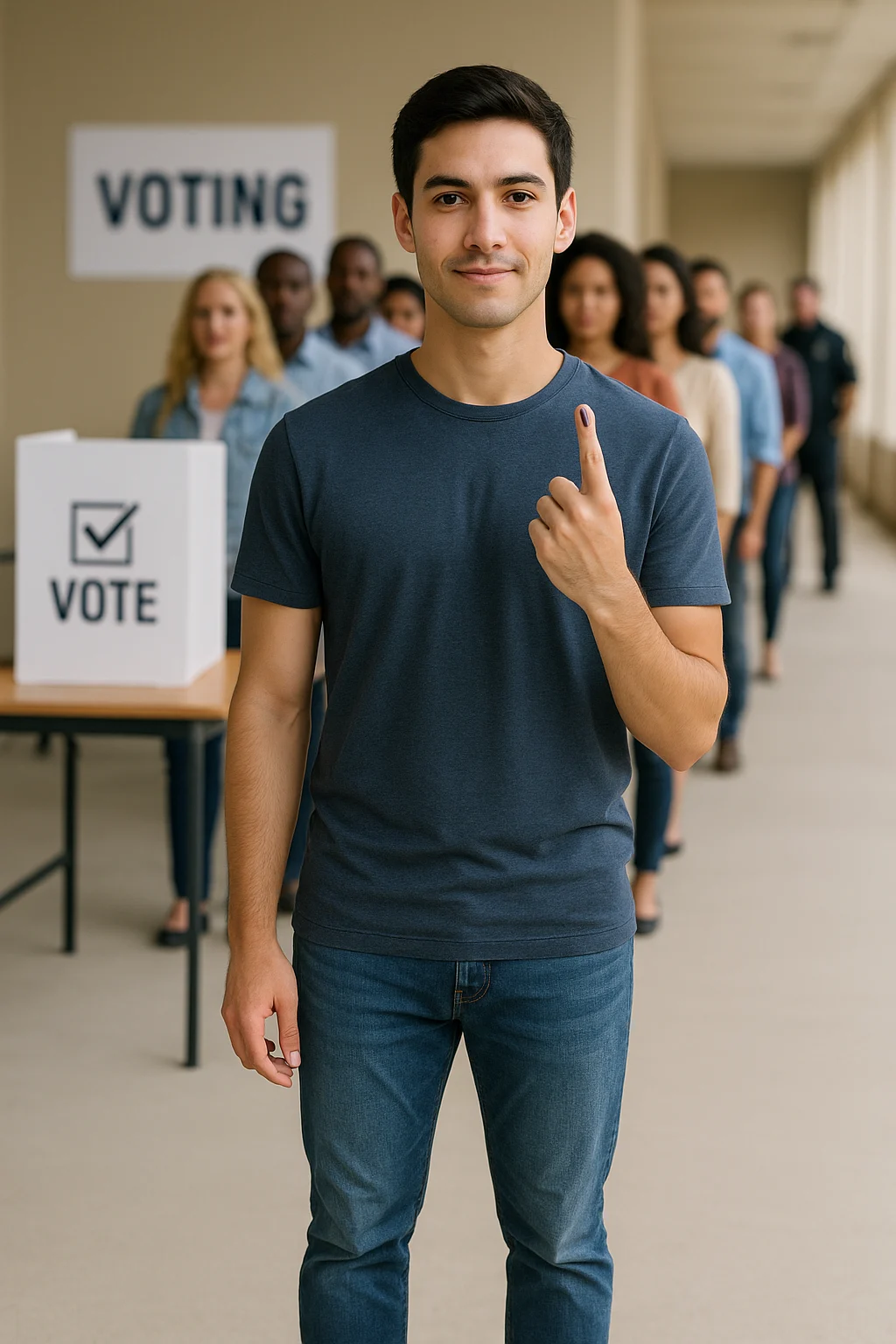 Young man shows inked finger at voting booth