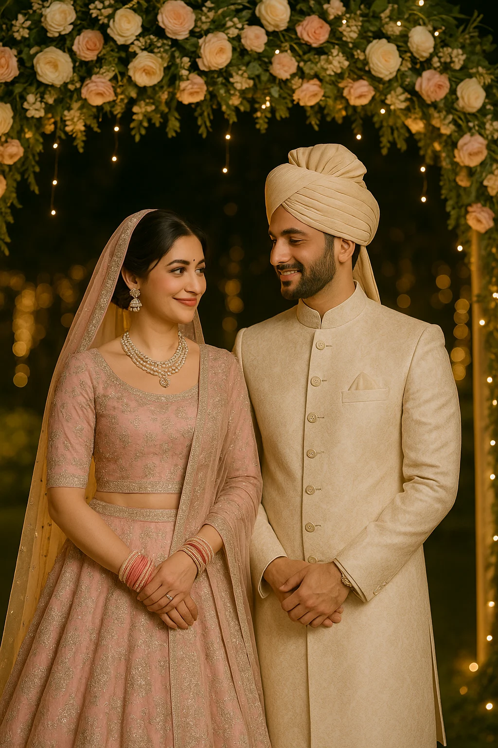 Indian couple on wedding stage in peach and navy outfits