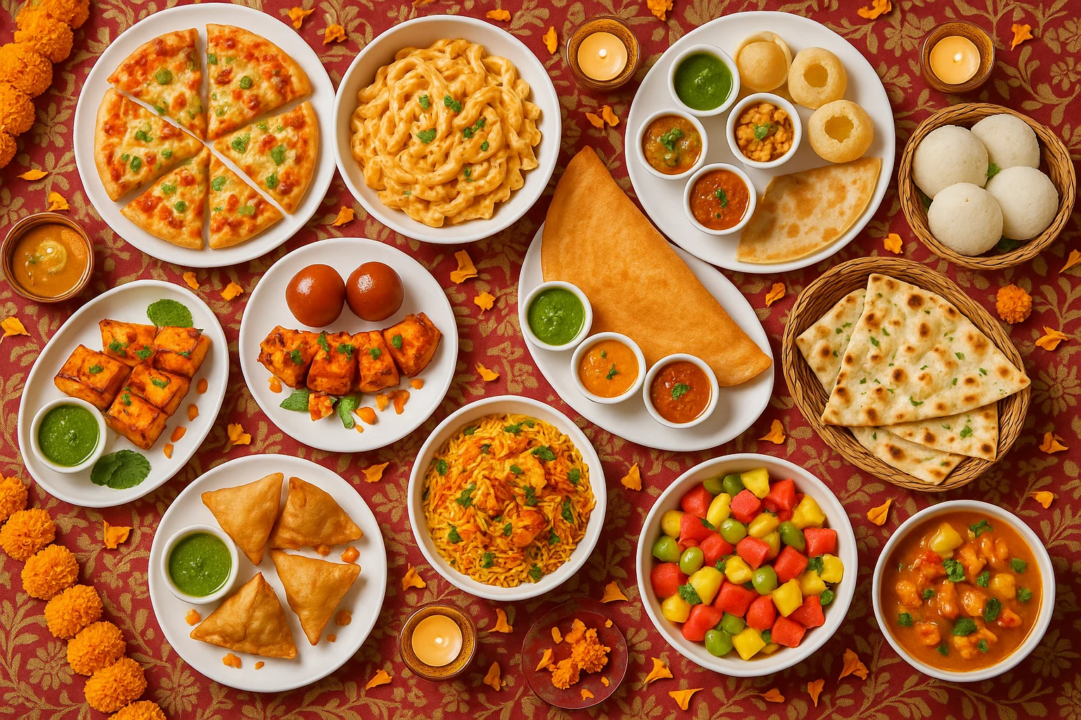 wedding food table top view with colorful dishes