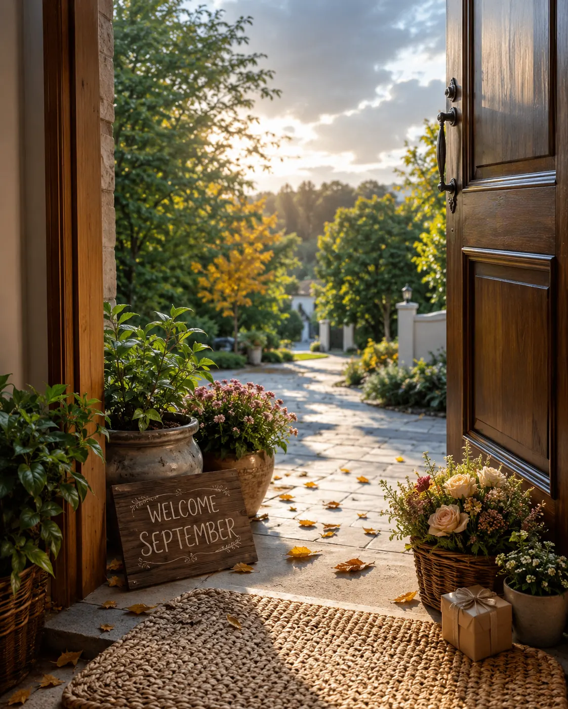 Cozy wooden doorway with a Welcome September sign, flowers, plants, and a peaceful early-autumn garden