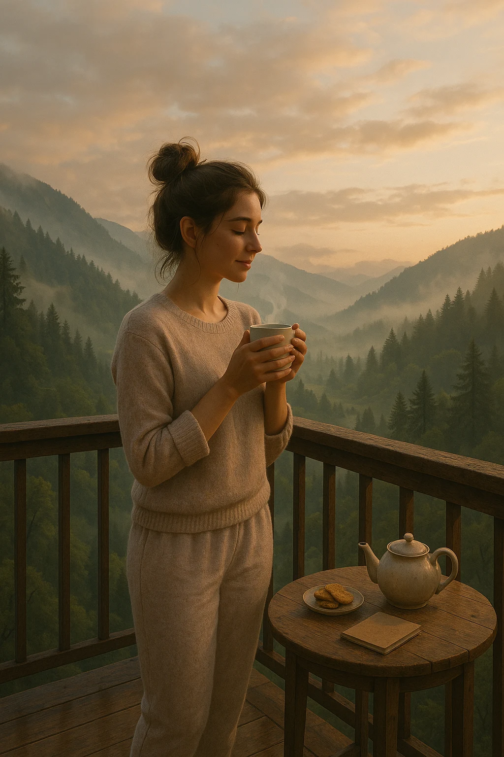 Woman sipping tea on a mountain balcony in the morning