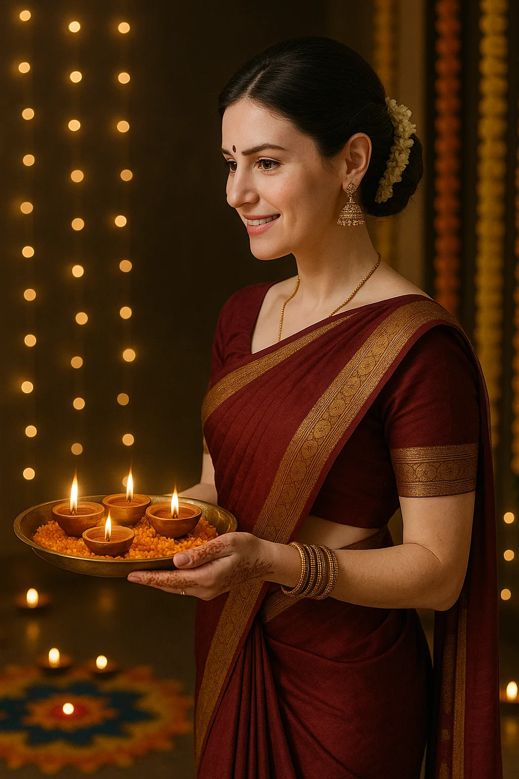 woman holding diwali diyas in traditional attire