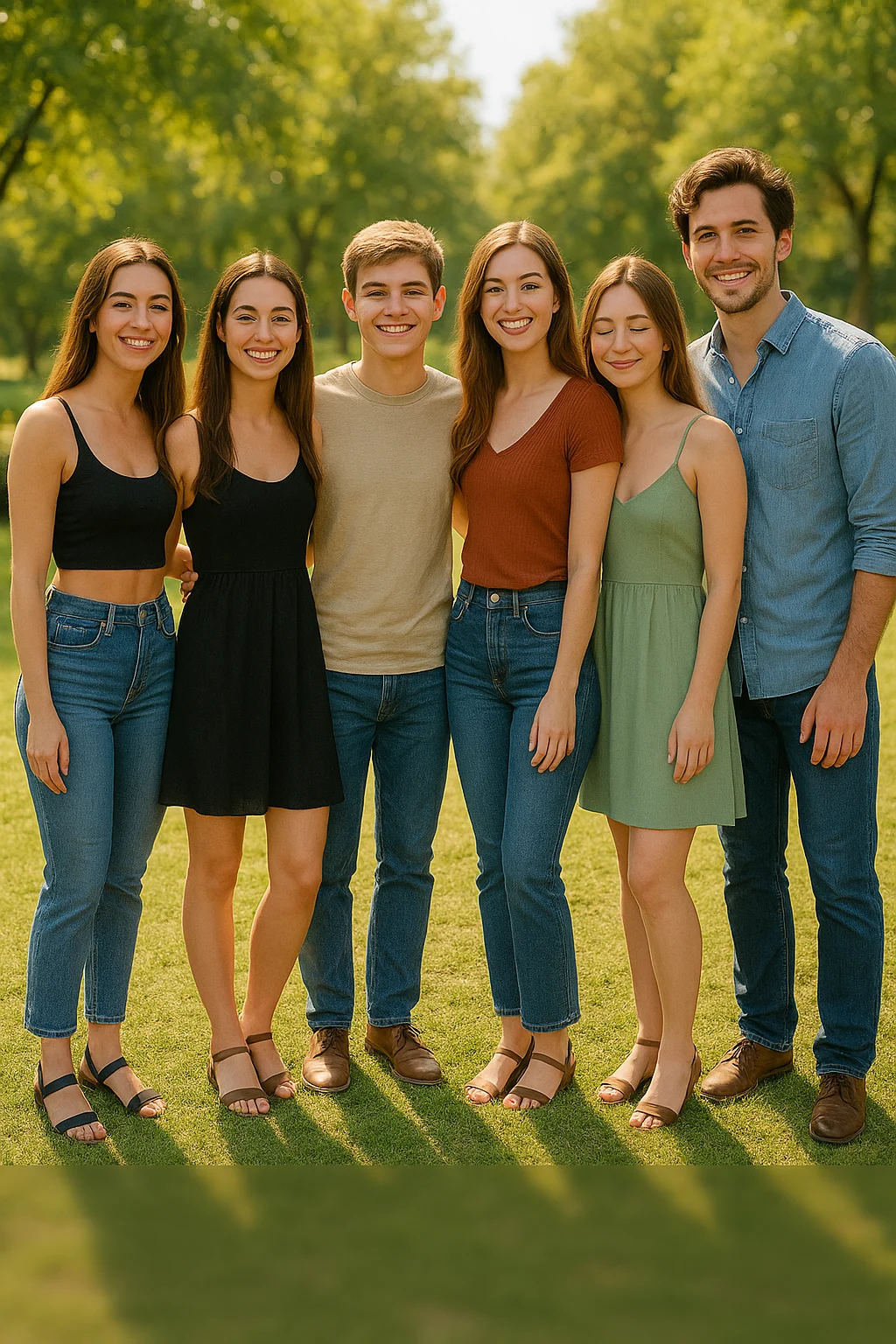 young siblings smiling outdoors in casual outfits