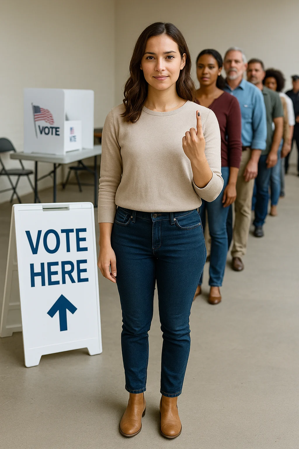 Woman shows inked finger at voting station.
